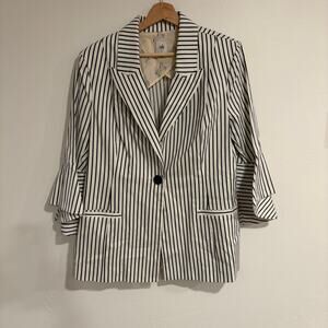Cabi Nautical Striped Bell Sleeve Blazer Women Size 14 White Blue Coastal Career